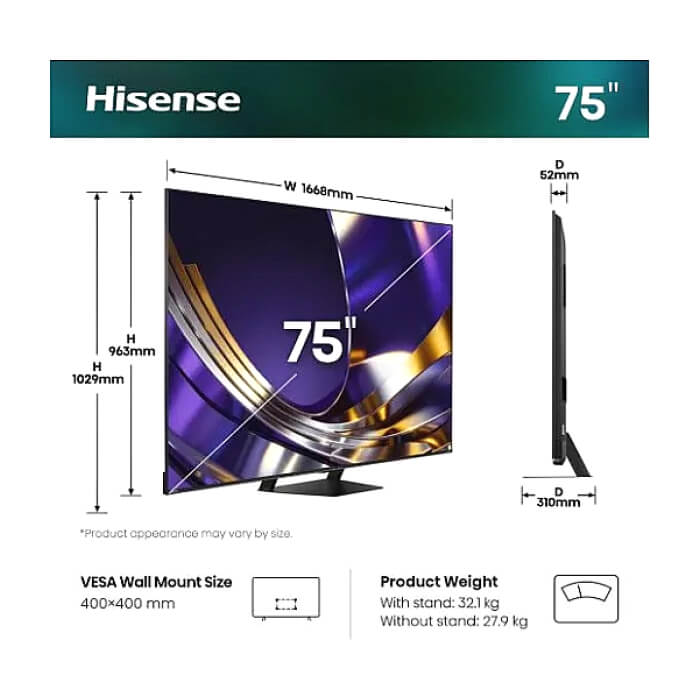 Hisense 75"U7S Pro, 4K Ultra HD 3840x2160, ULED, FALD, Quantum Dot, 165Hz, IPS, HDR 10+, HLG, Dolby Vision IQ, Dolby Atmos, Smart TV, WiFi 5GHz, WiFi Direct, BT, Anyview Cast, ID 97418 (тъмнейл - 2)