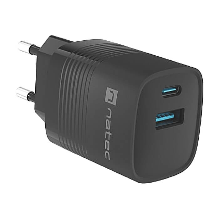 Natec USB Charger Ribera Gan 1X USB-A + 1X USB-C 30W, Black (тъмнейл - 2)