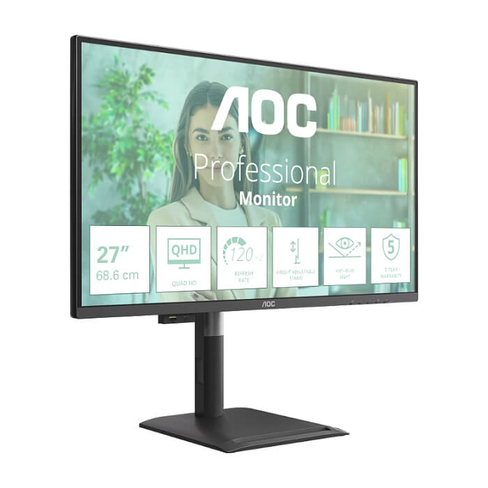 AOC Q27P4U, 27" IPS WLED, 2560x1440@120Hz, 4ms GtG, 350cd m2, 1500:1, DCR 50M:1, Adaptive Sync, FlickerFree, Anti Blue Light, 2Wx2, Tilt, Height Adjust, Pivot, Swivel, 2xHDMI, ID 95663 (тъмнейл - 3)