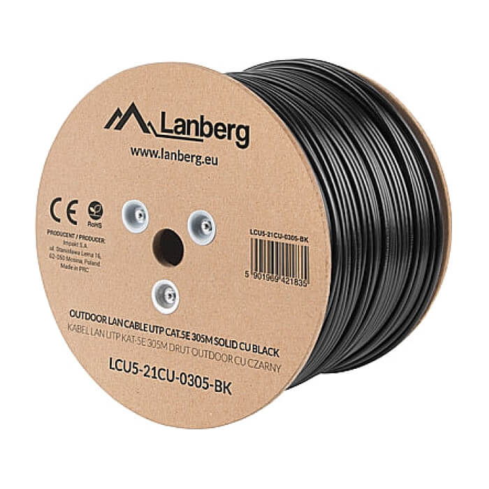 Кабел - Lanberg LAN cable UTP Cat.5e 305m Outdoor Solid CU Fluke Passed, black ID 72711 (тъмнейл - 2)