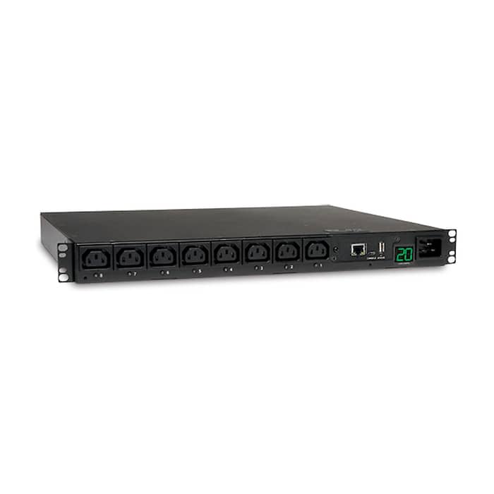 Tripp Lite by Eaton 3.7kW Single-Phase 208/230V Switched PDU - LX Platform, 8 C13 Outlets, C20 Input with L6-20P Adapter, 2.4m Cord, 1U Rack-mount, TAA