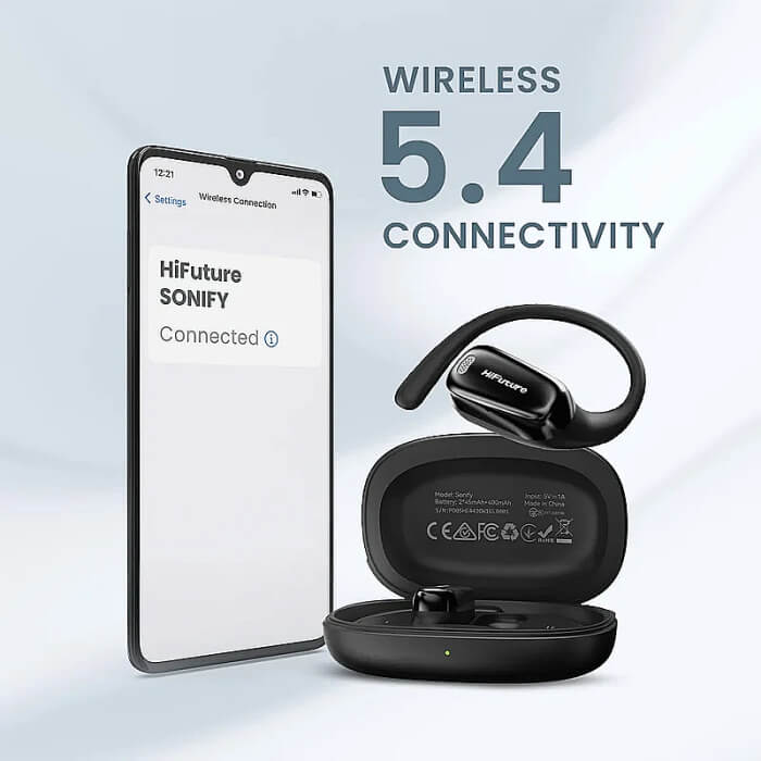 HiFuture Sonify Black, Open Ear Comfort, Bluetooth 5.4, 4 Mics ENC Calling System, Playtime up to 20 Hours, IPX5 Waterproof, 15mm Driver Bass Boost ID 94744 (тъмнейл - 2)