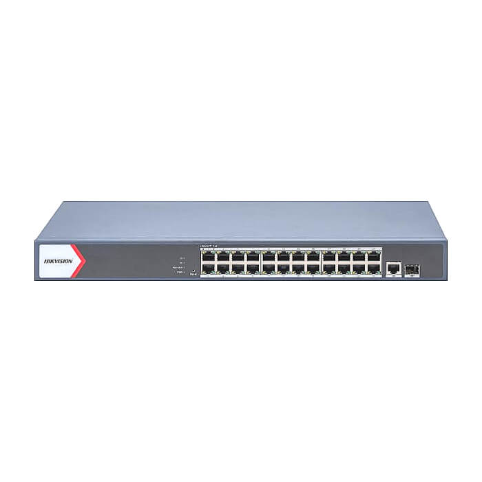 HikVision 24 Port Gigabit Smart POE Switch, 24 x Gigabit PoE port,1 x Gigabit RJ45 port, 1 x Gigabit fiber optical port, Power Budget 370W, Up to 300 m Long Range PoE Transmission, на супер цена