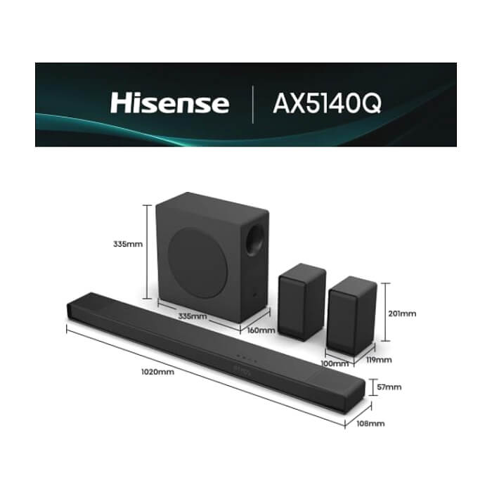 Hisense AX5140Q,Soundbar, 5.1.4 Ch., 600W, BT, Dolby Atmos, Black (тъмнейл - 2)