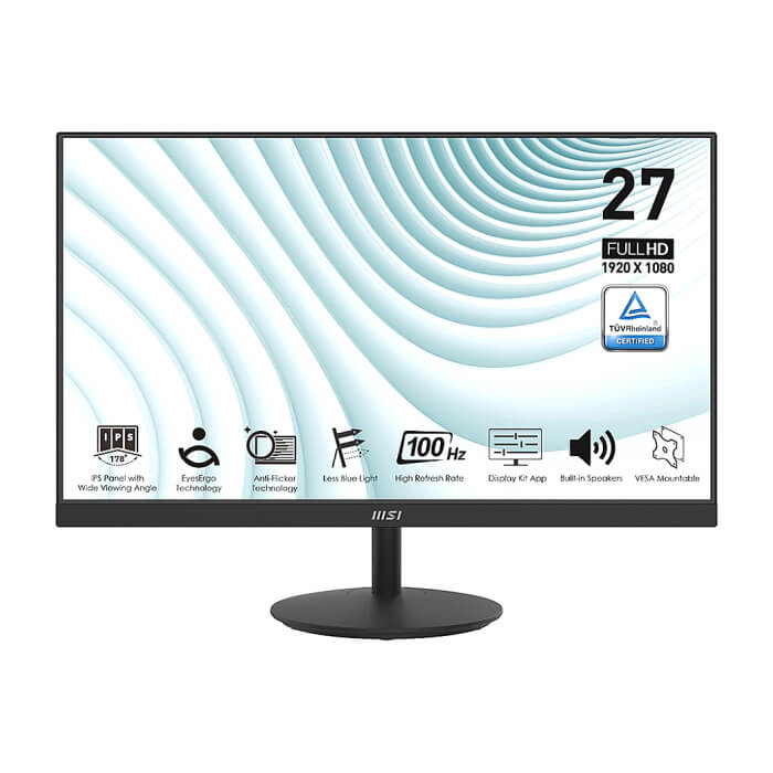 MSI PRO MP271A, 27", 1ms, 100Hz, IPS, 1920x1080 (FHD), 16:9, FLAT, Display Kit App, Adaptive-Sync, EyesErgo, Less Blue Light, 108% SRGB, AG, 300 nits, 1000:1, DP(1.2a), HDMI 1.4b, VGA, Line-in, Speakers 2x2W, Tilt, VESA, Black, 3.9kg ID 89357 на супер цена от GT Computers MSI PRO MP271A, 27", 1ms, 100Hz, IPS, 1920x1080 (FHD), 16:9, FLAT, Display Kit App, Adaptive-Sync, EyesErgo, Less Blue Light, 108% SRGB, AG, 300 nits, 1000:1, DP(1.2a), HDMI 1.4b, VGA, Line-in, Speakers 2x2W, Tilt, VESA, Black, 3.9kg ID 89357 на супер цена