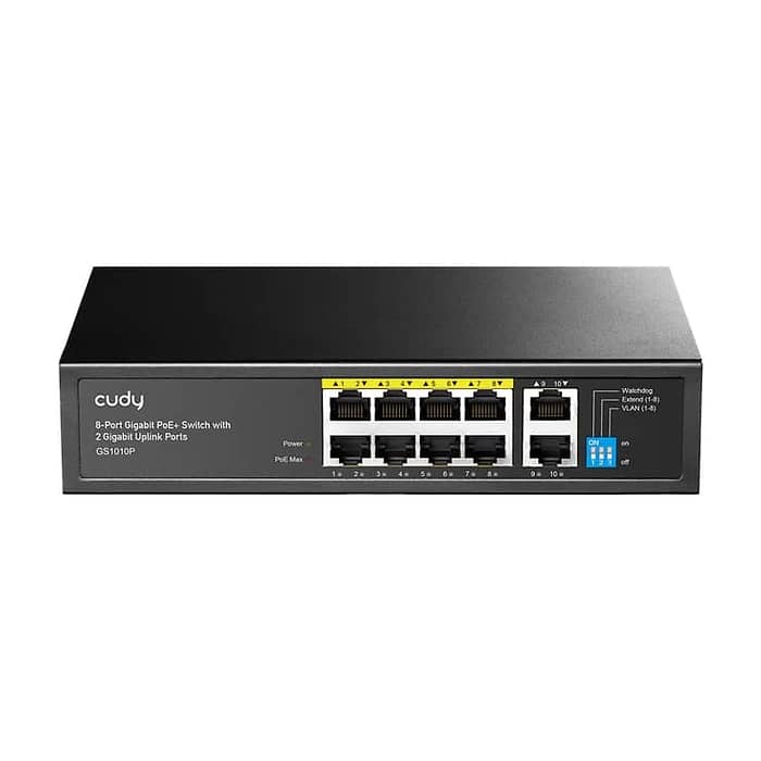 Cudy GS1010P 8-Port Gigabit PoE+ Switch with 2 Gigabit Uplink Ports 120W8 RJ-45 10/100/1000M PSE ports + 2 RJ45 10/100/1000 Uplink Port Unmanaged PoE+ Switch, Rack-mountable Steel Case, 120W Internal Power Supply на супер цена от GT Computers Cudy GS1010P 8-Port Gigabit PoE+ Switch with 2 Gigabit Uplink Ports 120W8 RJ-45 10/100/1000M PSE ports + 2 RJ45 10/100/1000 Uplink Port Unmanaged PoE+ Switch, Rack-mountable Steel Case, 120W Internal Power Supply на супер цена