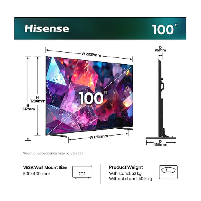 Hisense, 100''  E7S PRO,QLED Smart, FALD, 144Hz, 5000:1,Quantum Dot, Dolby vision ,Vidaa, ADS, Black ID 97408 (тъмнейл - 2)
