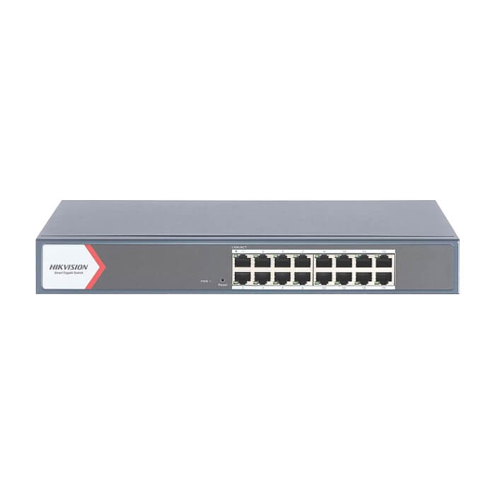 HikVision 16 Port Gigabit Smart Switch, 16 x Gigabit RJ45 port, Link aggregation, switching capacity 56 Gbps, 6 kV Surge Protection