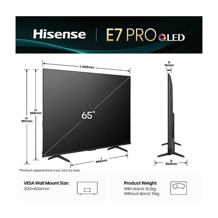 Hisense 65" E7Q Pro, 4K Ultra HD 3840x2160, QLED, Quantum Dot, 144Hz, HDR 10+ adaptive, HLG, Dolby Vision, DTS Virtual X, Smart TV, WiFi 5GHz, WiFi Direct, BT, Anyview Cast, 4 ID 92091 (тъмнейл - 2)