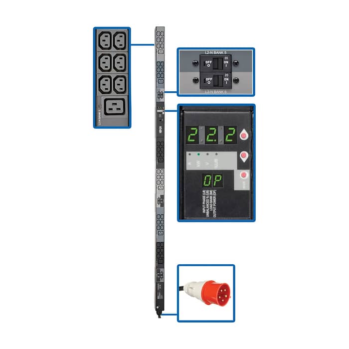 Tripp Lite by Eaton 3-Phase Local Metered PDU, 23kW, 42 208-240V outlets (36 C13, 6 C19), IEC309 32A Red (3P+N+E) 360-415V Input, 0u vertical, TAA (тъмнейл - 2)