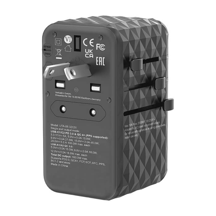 Verbatim UTA-06 GaN III Universal Travel Adapter with 2 x USB-C PD 100W & QC 4+ / 2 x USB-A QC 3.0 (тъмнейл - 3)
