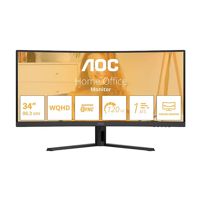 AOC CU34B3E, 34" Curved 1500R, VA, WLED, 3440x1440@120Hz, 4ms GtG, 1ms MPRT, 300cd m/2, 3500:1, 50M:1 DCR, Adaptive Sync, FlickerFree, Low Blue Mode, Tilt, HDMI, DP на супер цена от GT Computers AOC CU34B3E, 34" Curved 1500R, VA, WLED, 3440x1440@120Hz, 4ms GtG, 1ms MPRT, 300cd m/2, 3500:1, 50M:1 DCR, Adaptive Sync, FlickerFree, Low Blue Mode, Tilt, HDMI, DP на супер цена