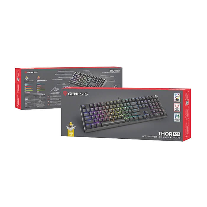 Genesis Mechanical Gaming Keyboard Thor 404 Black RGB Backlight Gateron Yellow Pro, US Layout (тъмнейл - 4)