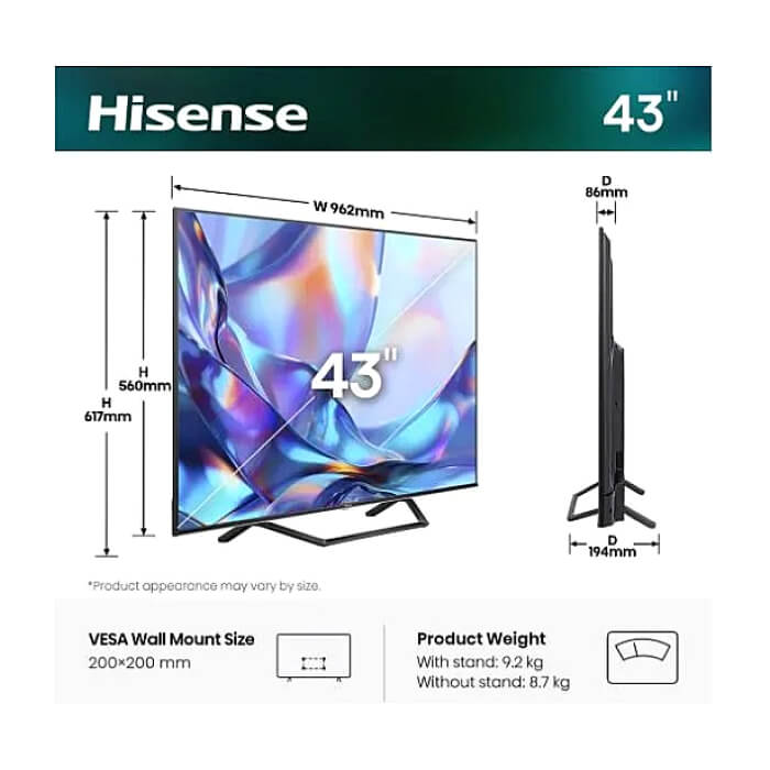 Hisense 43" A7S, 4K Ultra HD 3840x2160, QLED, FALD, Quantum Dot, HDR 10+, HLG, Dolby Vision, Dolby Atmos, Smart TV, WiFi 5GHz, WiFi Direct, BT, Anyview Cast, 3xHDMI, 2xUSB, LA ID 97276 (тъмнейл - 2)