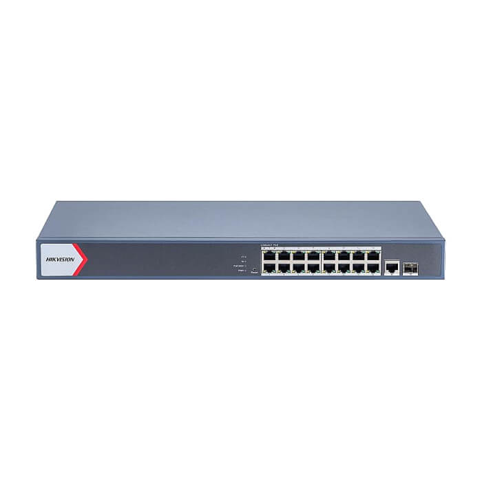 HikVision 16 Port Gigabit Smart POE Switch, 16 x Gigabit PoE port, 1 x Gigabit RJ45 port, 1 x Gigabit fiber optical port, Total PoE Power Budget 230 W, Up to 300 m Long Range PoE T на супер цена