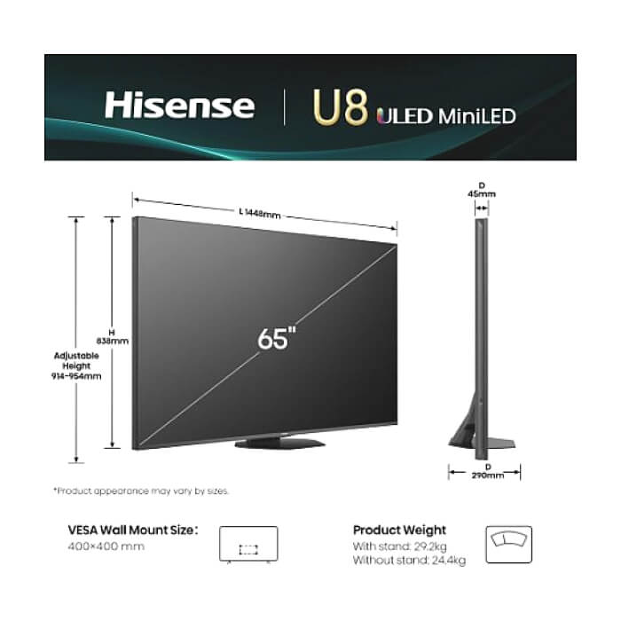 Hisense 65" U8Q, 4K Ultra HD 3840x2160, Mini Led Pro, FALD, Quantum Dot, 165Hz, IPS, HDR 10+, HLG, Dolby Vision IQ, Dolby Atmos, Smart TV,Light Sensor,WiFi 5GHz, WiFi Direct, BT, Anyview Cast, 3xHDMI, 2xUSB, LAN, CI+, DVB-T2/C/S2, Black ID 89955 (тъмнейл - 2)