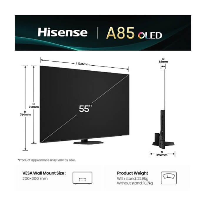 Hisense 55" A85Q, 4K UHD OLED Smart TV, 120Hz, 1000 nits,HDMI 2.1, Game Mode Pro, AMD FreeSync Premium, Dolby Vision IQ & Atmos, Bluetooth, Alexa Built-in, Black ID 92405 (тъмнейл - 2)