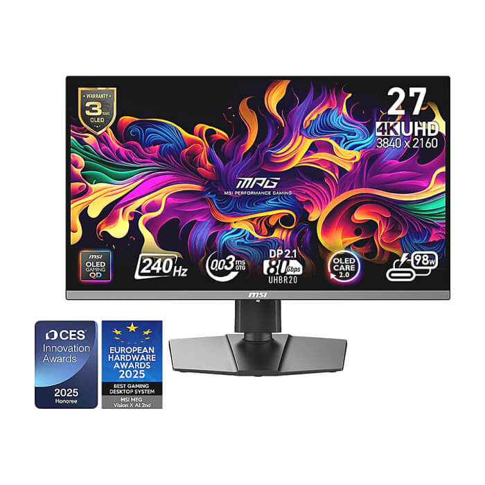 MSI MPG 272URX QD-OLED, 26.5", 0.03ms, 240Hz, 3840x2160 (UHD), 16:9, FLAT, Oled care 2.0, G-Sync Compatible, ClearMR 13000, HDR, 1.5M:1, 100M:1, DP(2.1a), 2xHDMI 2.1, 1xTypeC DP alt. w/PD (98W), USB HUB, Pivot, Heigh Adj., Black, 8kg ID 89356 (тъмнейл - 4)