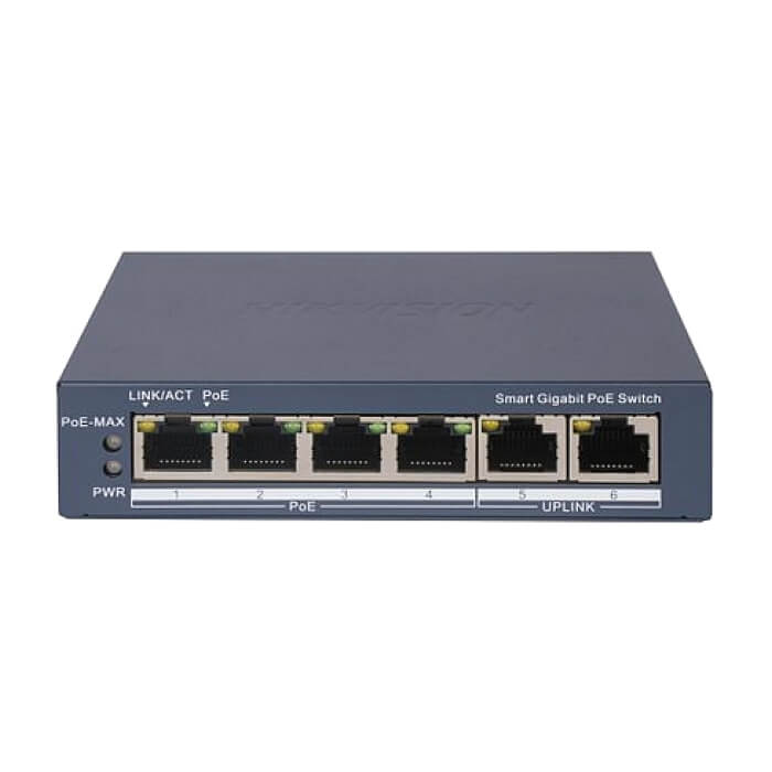 HikVision 4 Port Gigabit Smart POE Switch, 4 x Gigabit PoE port, 2 x Gigabit RJ45 port, Total PoE Power Budget 60W, Up to 300 m Long Range PoE Transmission, 6 KV Surge Protection на супер цена