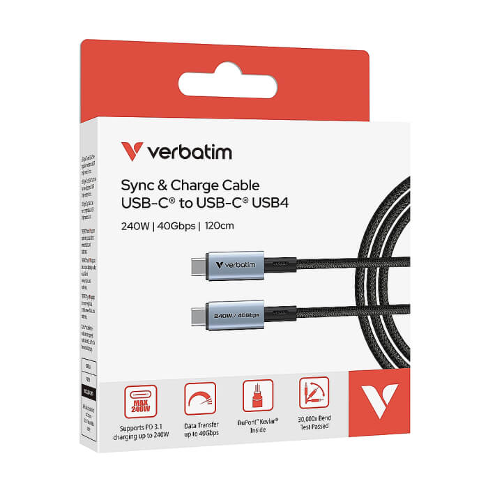Verbatim Sync & Charge USB-C to USB-C 240W 40 Gbps 120 cm ID 85356 (тъмнейл - 4)