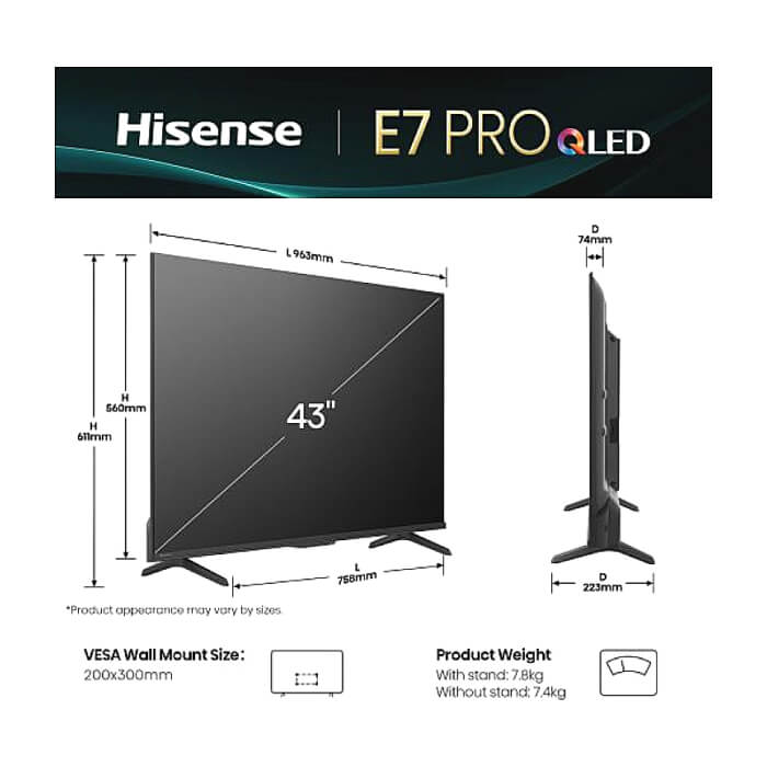 Hisense 43" E7Q Pro, 4K Ultra HD 3840x2160, QLED, Quantum Dot, 144Hz, HDR 10+ adaptive, HLG, Dolby Vision, DTS Virtual X, Smart TV, WiFi 5GHz, WiFi Direct, BT, Anyview Cast, 3 ID 92054 (тъмнейл - 2)