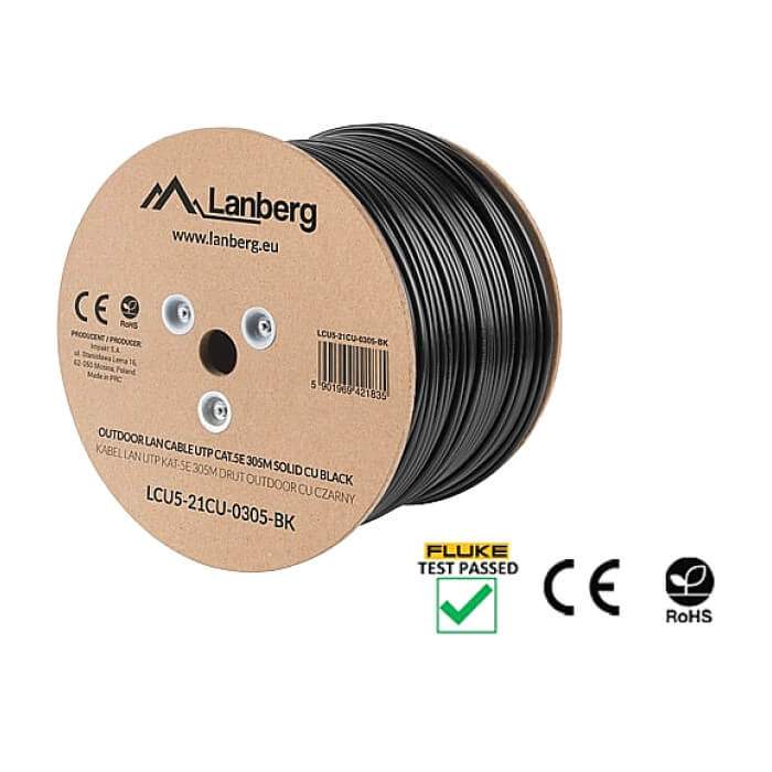 Кабел - Lanberg LAN cable UTP Cat.5e 305m Outdoor Solid CU Fluke Passed, black ID 72711 (тъмнейл - 4)