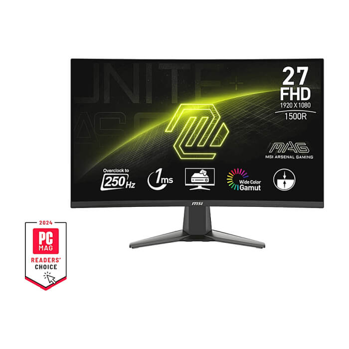 MSI MAG 27C6X, 27", VA, 240Hz, 250Hz(OC), 1ms, Curved, FHD 1920x1080, Adaptive-Sync, AI Vision, VRR, Console mode, CEC, Anti-Flicker, LBL, 250 nits, 3000:1, 100M:1, 1x Display Port (1.2a), 2x HDMI (2.0b), Headphone out, Tilt, FRAMELESS, VESA ID 79390 на супер цена от GT Computers MSI MAG 27C6X, 27", VA, 240Hz, 250Hz(OC), 1ms, Curved, FHD 1920x1080, Adaptive-Sync, AI Vision, VRR, Console mode, CEC, Anti-Flicker, LBL, 250 nits, 3000:1, 100M:1, 1x Display Port (1.2a), 2x HDMI (2.0b), Headphone out, Tilt, FRAMELESS, VESA ID 79390 на супер цена