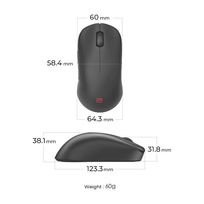 BenQ ZOWIE U2-DW 4K Wireless Mouse for Esports, Size M, 60g, up to 4000 Hz, up to 3200 DPI, Symmetrical design, Inward-curved both sides for agility during multi-angle movement, Wireless w/4K enhanced receiver, Driverless, plug and play (тъмнейл - 2)