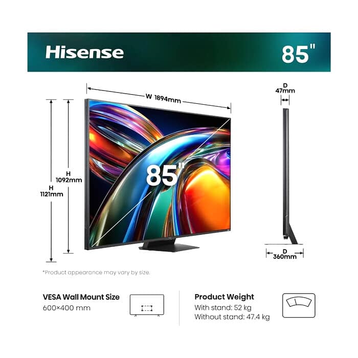 Hisense 85" UR9S, 4K Ultra HD 3840x2160, RGB Mini Led , DLED, Quantum Dot, 180Hz, IPS, HDR 10+, HLG, Dolby Vision IQ, Dolby Atmos, Smart TV,Light Sensor,WiFi 6eGHz, WiFi Direc ID 99368 (тъмнейл - 2)