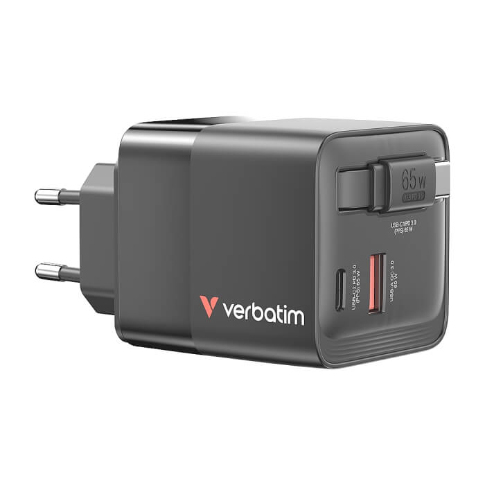 Verbatim Mini GaN Charger 65W 2 Port retractable cable display US plugs with EU and UK adaptors ID 85397 (тъмнейл - 2)