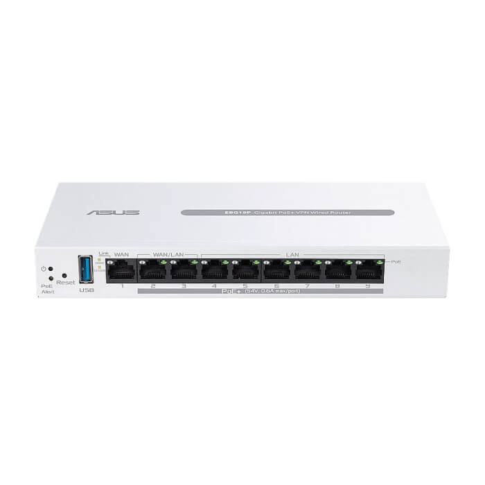 Asus Business Gigabit PoE+ VPN Wired Router, ExpertWiFi EBG19P, 8 PoE+ ports, 123W, 1 gigabit WAN+2 gigabit WAN/LAN, USB 3.2, PoE centralized control, SDN, guest portal, Multi-WAN, на супер цена