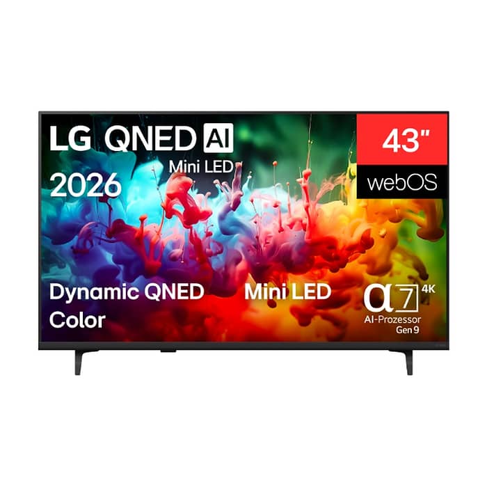 LG 43QNED71B3B, 43" 4K QNED MiniLED Smart TV, 3840x2160, DVB-T2/C/S2, Alpha 7 AI Processor, HDR10 / HLG, webOS 26 ThinQ, VRR / ALLM / HGiG, 4K Super Upscaling, WiFi 5, Bluetooth 5.3, AirPlay 2, LAN, CI, HDMI, AI Sound Pro, Google Cast, 2 pole Stand на супер цена