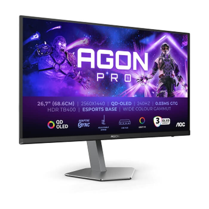 AOC AG276QZD2, 26.7" QD-OLED, 2560x1440@240Hz, 0.03GtG, 1000cd m/2, 1.5M:1, 80M:1 DCR, Adaptive Sync, FlickerFree, Low Blue Light, 5Wx2, Tilt, Height Adjust, Pivot, Swivel, 2x ID 95897 (тъмнейл - 2)