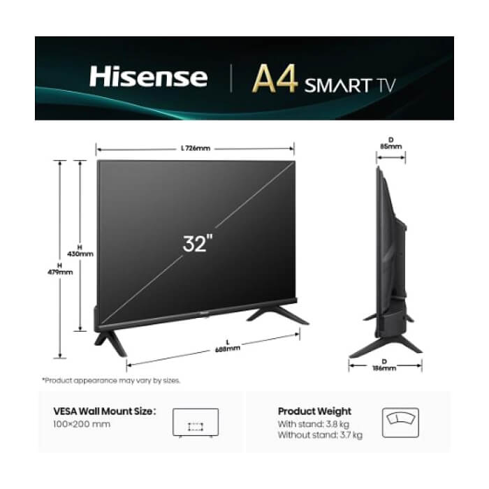 Hisense 32" A4Q, HD 1366x768,3000:1, DLED, HLG, DTS Virtual X, Smart TV, WiFi, WiFi Direct, BT, VIDAA U7,Anyview Cast, 2xHDMI, 2xUSB, LAN, CI+, DVB-T2/C/S2, Black ID 90804 (тъмнейл - 2)