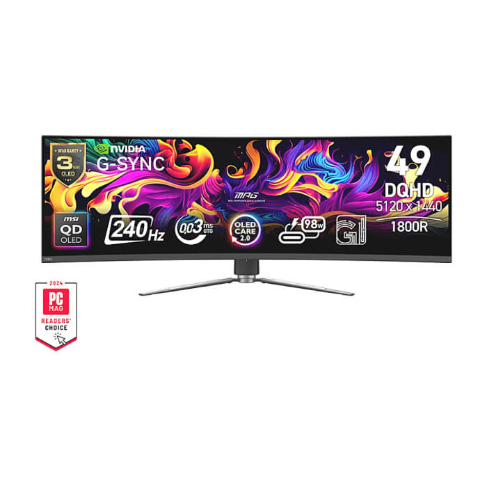 MSI MPG 491CQPX QD-OLED, 0.03ms, 240Hz, OLED, 5120 x 1440 (DQHD), 32:9, CURVE 1800R, G-Sync Compatible, HDR True Black 400, 450 nits, 99% DCI-P3, AR, DP(1.4a), 2xHDMI 2.1, 1xTypeC DP alt. w/PD (98W), USB Hub, Heigh Adj., VESA, Black, 10.6kg ID 89350 (тъмнейл - 2)