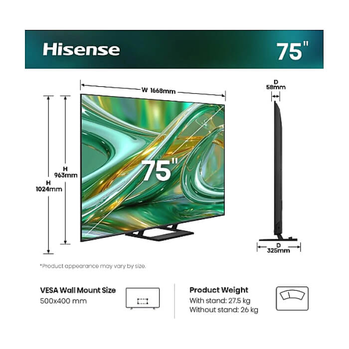 Hisense 75" E8S, 4K Ultra HD 3840x2160, ULED, Quantum Dot,144 Hz, HDR 10+, HLG, Dolby Vision, DTS Virtual X, Smart TV, Light Sensor, WiFi Direct, BT, Anyview Cast, 3xHDMI, 2xU ID 97416 (тъмнейл - 2)