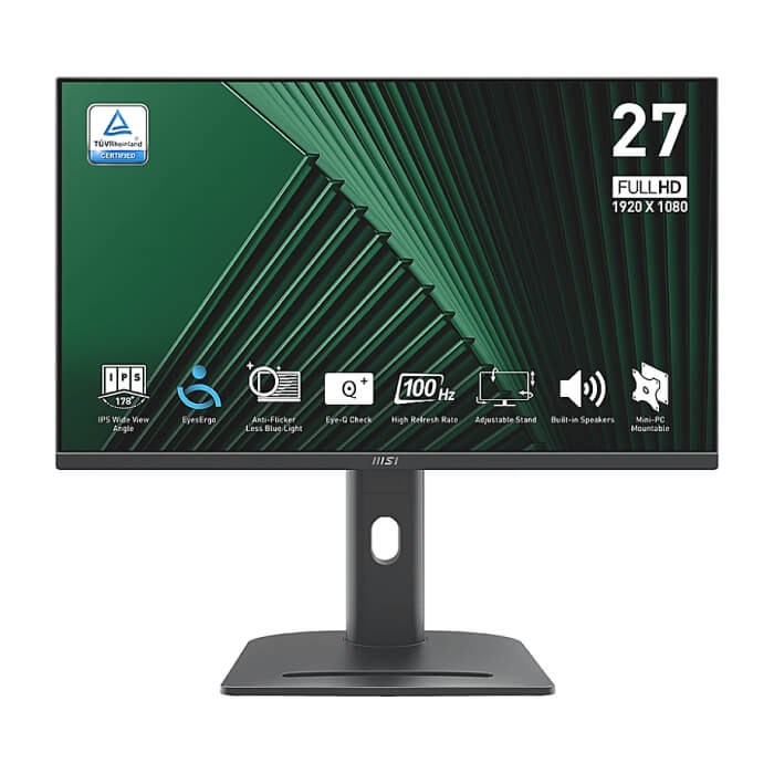 MSI PRO MP275PG, 27", 1ms, 100Hz, IPS, 1920x1080 (FHD), 16:9, FLAT, Adaptive-Sync, MSI Power Link, EyesErgo, 78% SRGB, AG, 300 nits, 1000:1, DP (1.2a), HDMI 1.4b, VGA, Line-in, Speakers 2x2W, Pivot, Heigh Adj. 130 mm, VESA, Black, 6.03kg ID 89360 на супер цена от GT Computers MSI PRO MP275PG, 27", 1ms, 100Hz, IPS, 1920x1080 (FHD), 16:9, FLAT, Adaptive-Sync, MSI Power Link, EyesErgo, 78% SRGB, AG, 300 nits, 1000:1, DP (1.2a), HDMI 1.4b, VGA, Line-in, Speakers 2x2W, Pivot, Heigh Adj. 130 mm, VESA, Black, 6.03kg ID 89360 на супер цена