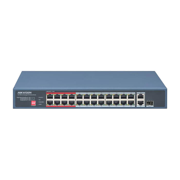 HikVision 24 Port Fast Ethernet Smart POE Switch, 24 x 10/100M PoE ports, 1 x Gigabit combo, 1 x Gigabit RJ45 port, Power Budget 230W, Up to 300 m Long Range PoE Transmission, 6 kV на супер цена