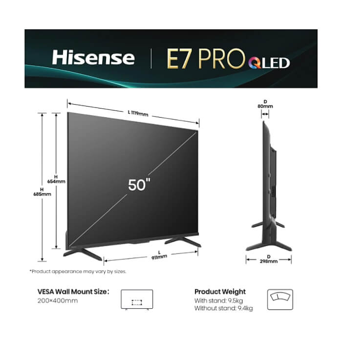 Hisense 50" E7Q Pro, 4K Ultra HD 3840x2160, QLED, Quantum Dot, 144Hz, HDR 10+ adaptive, HLG, Dolby Vision, DTS Virtual X, Smart TV, WiFi 5GHz, WiFi Direct, BT, Anyview Cast, 3 ID 92052 (тъмнейл - 2)
