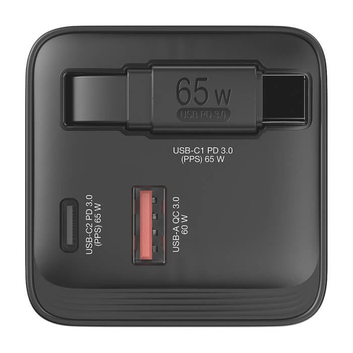 Verbatim Mini GaN Charger 65W 2 Port retractable cable display US plugs with EU and UK adaptors ID 85397 на супер цена от GT Computers Verbatim Mini GaN Charger 65W 2 Port retractable cable display US plugs with EU and UK adaptors ID 85397 на супер цена