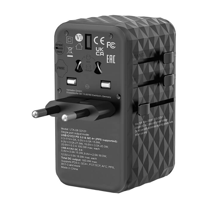 Verbatim UTA-06 GaN III Universal Travel Adapter with 2 x USB-C PD 100W & QC 4+ / 2 x USB-A QC 3.0 (тъмнейл - 5)