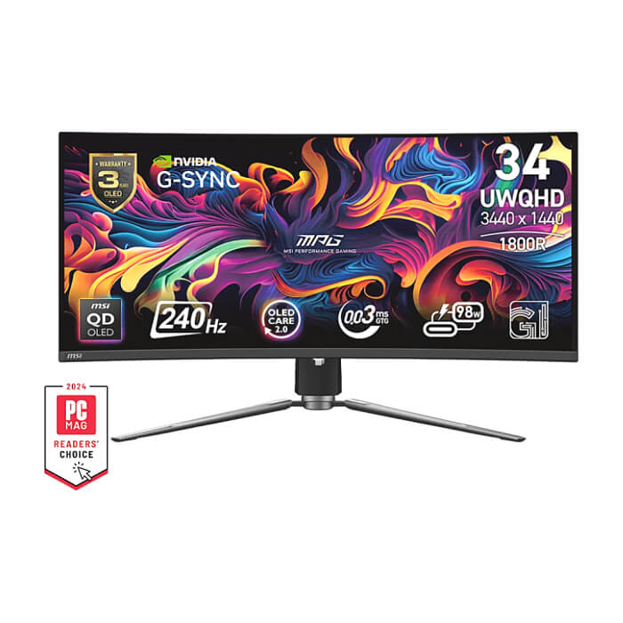 MSI MPG 341CQPX QD-OLED, 34.18", 0.03ms, 240Hz, 3440x1440(UWQHD), 21:9, CURVE 1800R, AR, FreeSync Premium Pro, CLEARMR 13000, HDR True Black 400, 1000 nits, 3000:1, DCR 150M:1 ID 89352 (тъмнейл - 2)