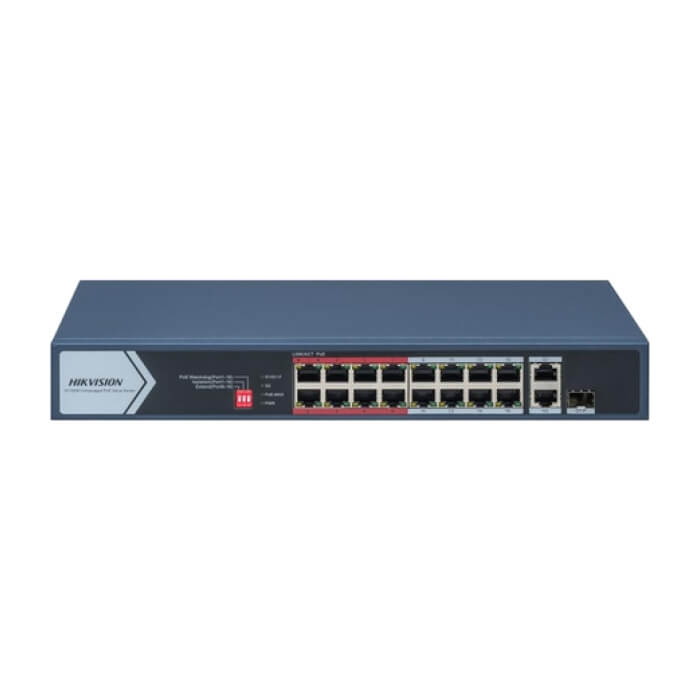 HikVision 16 Port Fast Ethernet Unmanaged POE Switch, 16 x 10/100 Mbps PoE port,1 x Gigabit RJ45 port, 1 x Gigabit combo, Total PoE Power Budget 130W, Up to 300 m Long Range PoE Tr на супер цена