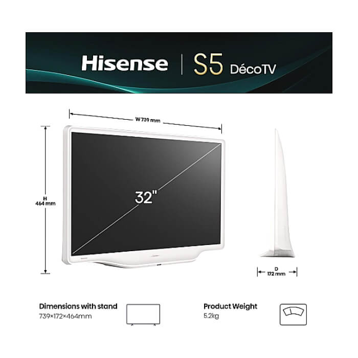 Hisense 32" S5Q, Full HD 1920x1080, QLED, 220 nits, HDR, HLG, DTS HD, Light Sensor, Dolby Audio, Smart TV, WiFi, WiFi Direct, 2xHDMI, 2xUSB, LAN, CI+, DVB-T2/C/S2, White ID 92406 (тъмнейл - 2)
