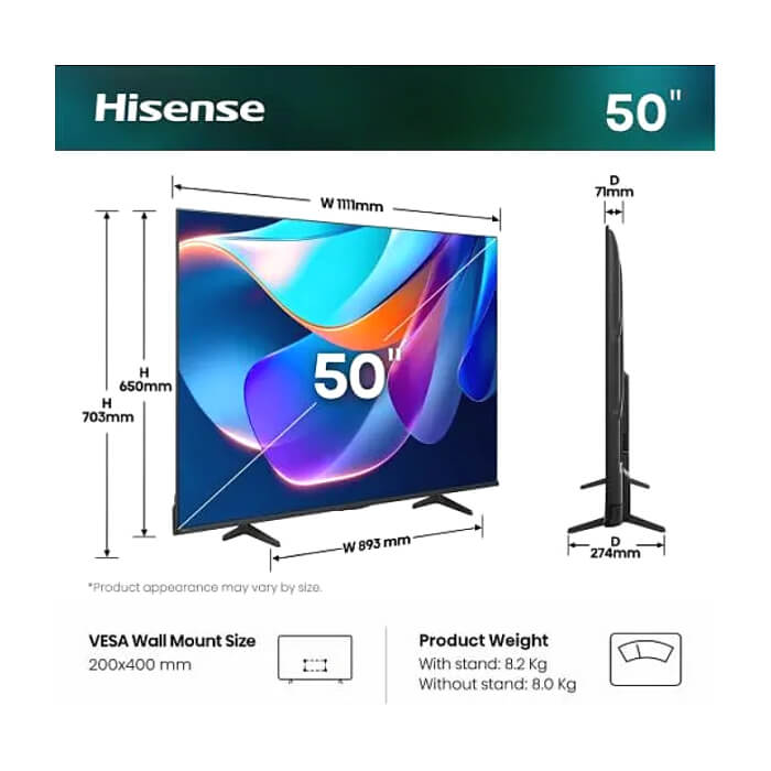 Hisense 50" A6S, 4K Ultra HD 3840x2160, DLED, DFA, Precision Colour, HDR 10+, HLG, Dolby Vision,Light sensor, Smart TV, WiFi, BT, AnyView Cast, Gaming Mode, 1xHDMI2 eArc, 3xHD ID 97359 (тъмнейл - 2)