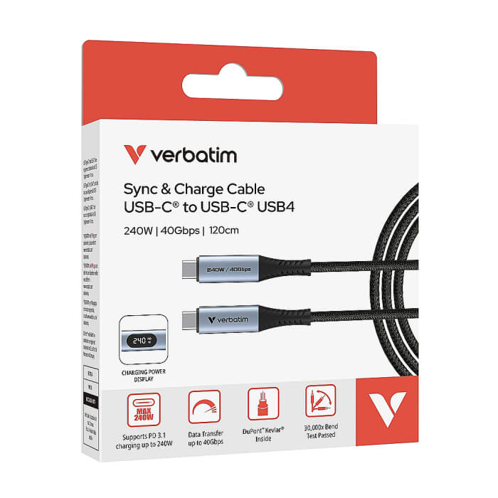 Verbatim Sync & Charge USB-C to USB-C 240W 40 Gbps Display 120 cm ID 85354 (тъмнейл - 4)