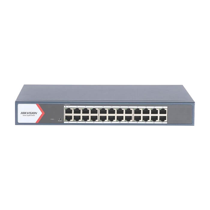 HikVision 24 Port Gigabit Smart Switch, 24 x Gigabit RJ45 ports, Link aggregation, switching capacity 56 Gbps, 6 kV Surge Protection