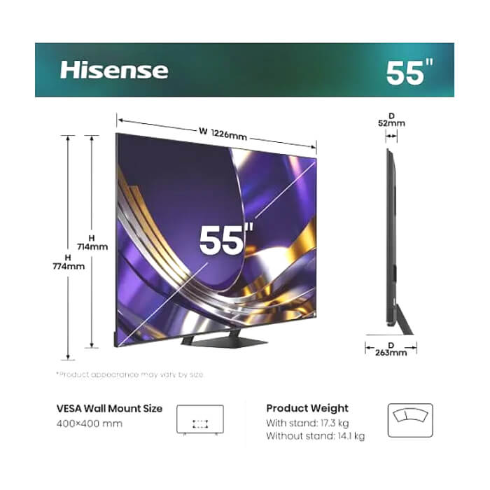 Hisense 55"U7S Pro, 4K Ultra HD 3840x2160, ULED, FALD, Quantum Dot, 165Hz, IPS, HDR 10+, HLG, Dolby Vision IQ, Dolby Atmos, Smart TV, WiFi 5GHz, WiFi Direct, BT, Anyview Cast, ID 97358 (тъмнейл - 2)