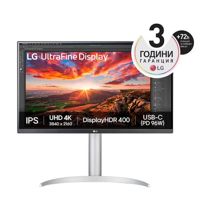 LG 27UP850K-W, 27" UltraFine UHD, IPS 4K , 5ms, 1200:1, 400cd/m2, 3840 x 2160, DCI-P3 95%, HDR 400, HDMI, USB-C, PD- 96 W, DisplayPort, Reader mode, Dynamic Action Sync, Tilt, Height (Range), Swivel, Speacers 2x5W, LG Switch, Black ID 85253 на супер цена