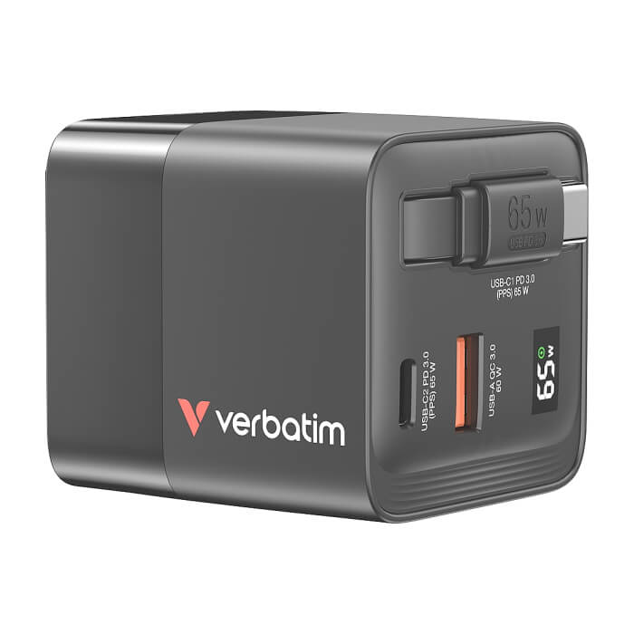Verbatim Mini GaN Charger 65W 2 Port retractable cable display US plugs with EU and UK adaptors ID 85397 (тъмнейл - 3)